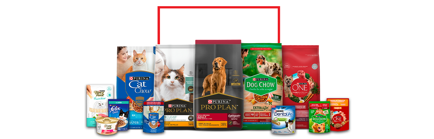 Empaques de productos de diferentes marcas de Purina.