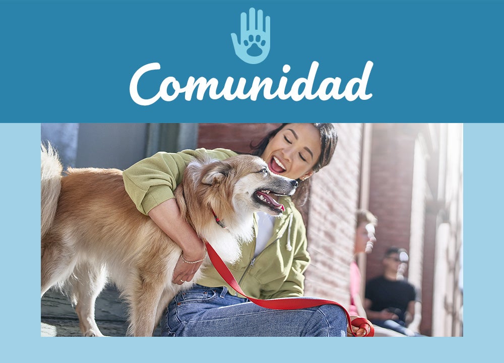 Mujer abrazando a su perro con aviso de Comunidad